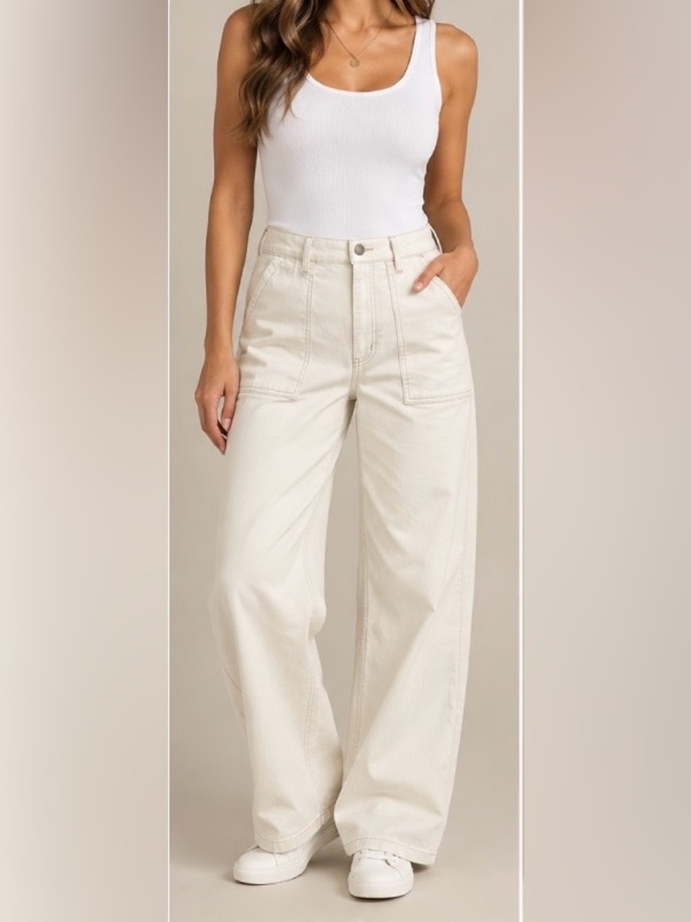 Time and Tru High Rise Relaxed Fit Utility Wide Leg Pants Ivory Size 8